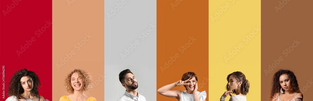 Fototapeta premium Set of stylish young people with trendy hairstyle on color background