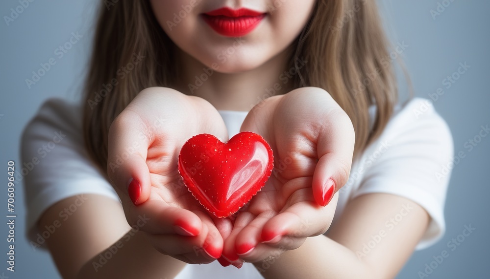 Young Woman Holding a Small Red Heart Candy Young Woman Holding a Small Red Heart Candy