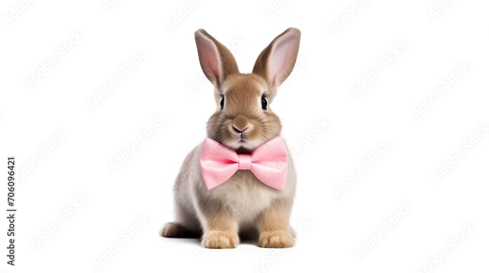 Easter Bunny with pink bow tie sitting, isolated transparent background Easter Bunny with pink bow tie sitting, isolated transparent background