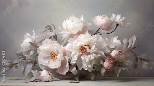 Elegant peonies in shades of blush and cream, their velvety blooms set against a pearl-gray backdrop. © baseer