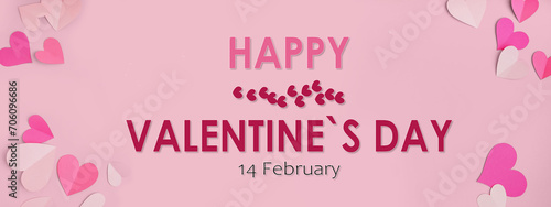 Greeting banner for Valentine's Day with beautiful paper hearts on pink background