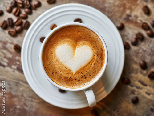 Top view of a single white cup of coffee with a Valentine's heart shape made of cream