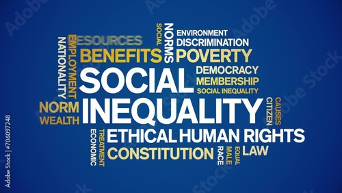 Social inequality animated tag word cloud;Human rights issues text design animation kinetic typography seamless loop. photo