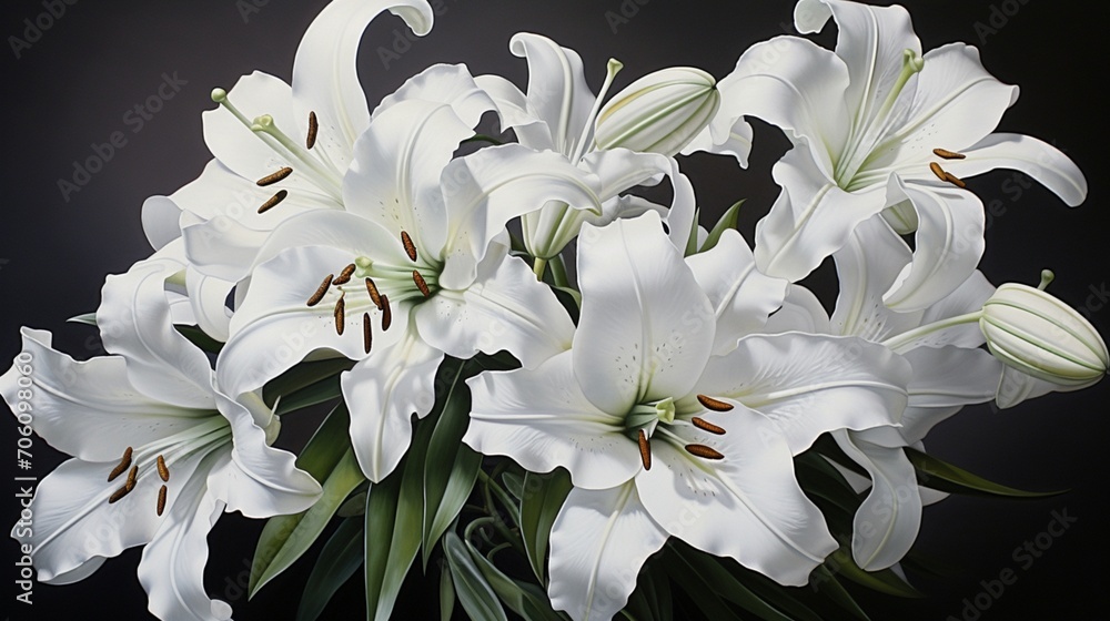 Monochromatic arrangement of pristine white lilies on a seamless silver-gray surface.