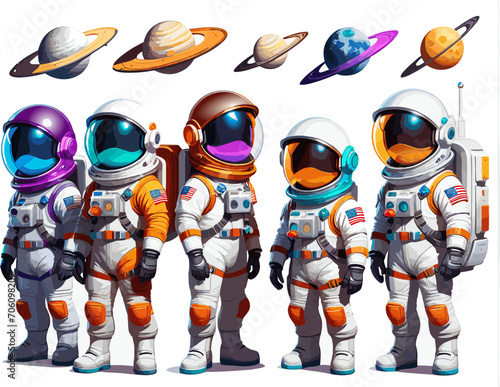 Explorers of new planets. Set of cartoon astronauts in a space suit and planets with rings. Vector illustration isolated on white background.