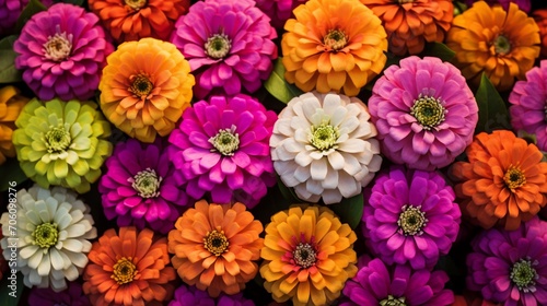 Playful zinnias in a riot of colors against a sunny yellow backdrop  evoking the spirit of summer.