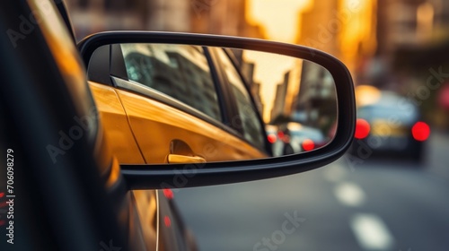 Closeup of a cars side mirror reminding drivers to check their blind spots before changing lanes. photo