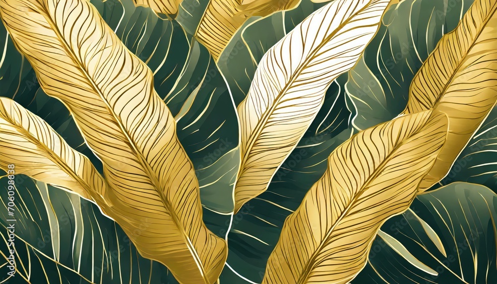 Luxury gold tropical leaves background. Wallpaper design with golden line art texture from palm leaves, Jungle leaves, monstera - obrazy, fototapety, plakaty 