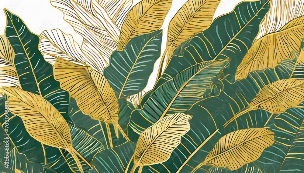 Tropical leaf Wallpaper, Luxury nature leaves pattern design, Golden banana leaf line arts, Hand drawn outline design - obrazy, fototapety, plakaty 