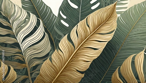 Golden tropical leaves wallpaper, Luxury nature leaf design, golden leaf lines