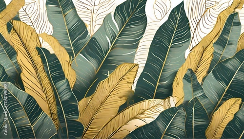 Tropical leaf Wallpaper, Luxury nature leaves pattern design, Golden banana leaf line arts, Hand drawn outline design for fabric