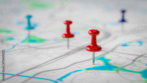 Location-based local service concept background with pins on the map, 3d rendering
