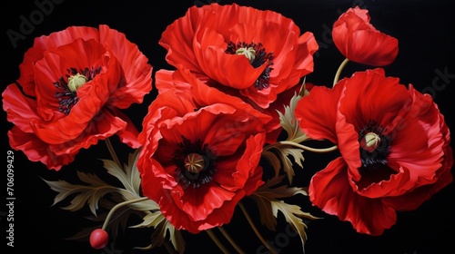 Scarlet poppies in full bloom  their vibrant red petals against a timeless black background.