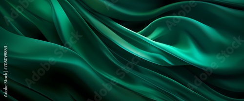Mesmerizing emerald green silk swirling in abstract patterns with soft lighting and shadows