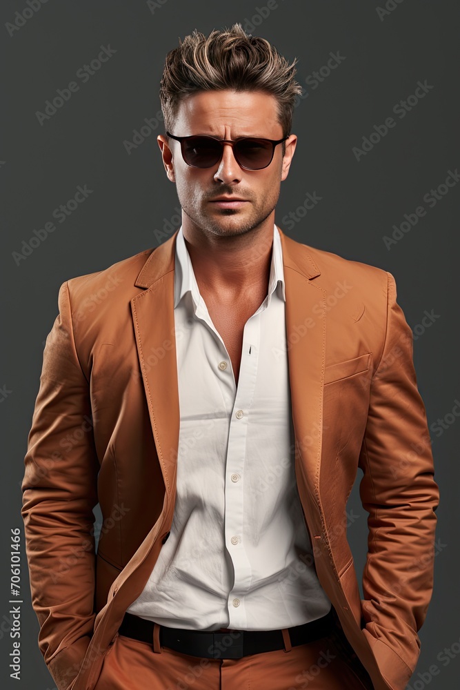 Obraz premium A man in a brown suit and dark glasses on a dark gray background.