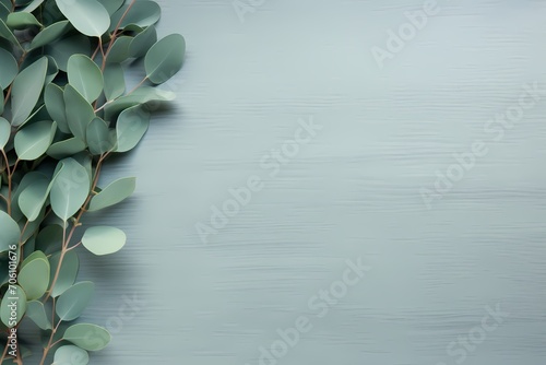 Minimalistic flat lay featuring eucalyptus leaves on a textured wooden backdrop, captured with a high-resolution camera, offering a tranquil top view and copy space.