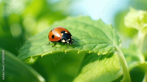 Extreme closeup of a ladybug resting on the tip of a young and tender leaf.