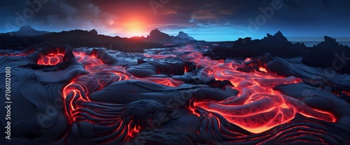 Molten lava cooling into intricate patterns on volcanic rocks, illuminated by the soft glow of moonlight.