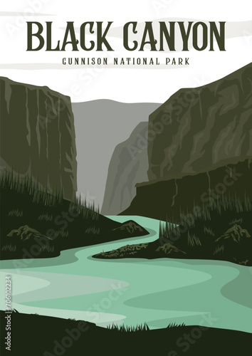 black canyon of the gunnison national park illustration poster design, outdoor nature vintage poster design