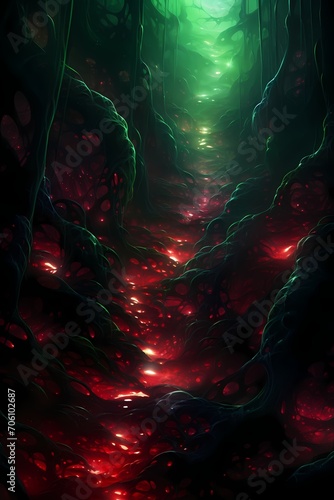 Molten ribbons of emerald and ruby intertwining in a seamless flow, capturing the essence of a celestial river of light in a fantastical 3D realm.