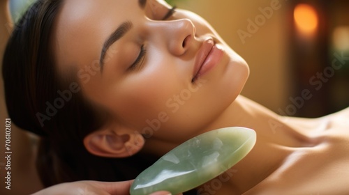 Closeup of a jade gua sha tool being used to sculpt and tone the face