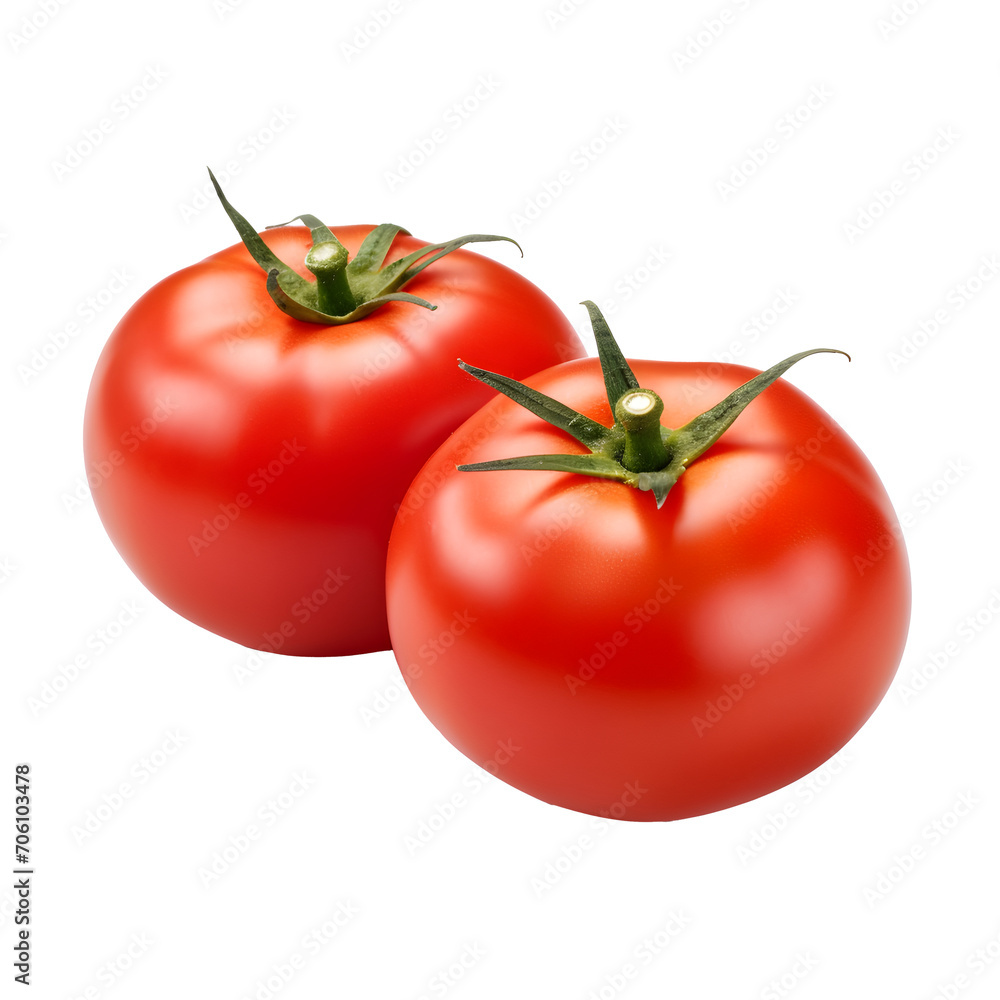Two Red tomato with green leaf , cut isolated on transparent background cutout, PNG file. Two Red tomato with green leaf , cut isolated on transparent background cutout, PNG file.