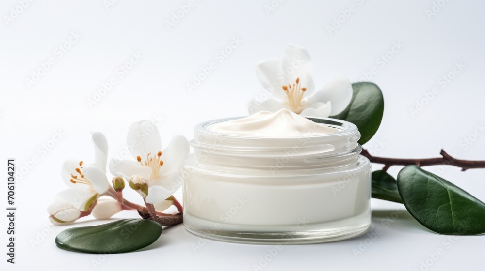whitening and moisturizing Face cream in an open glass jar and flowers on white background. Set for spa, skin care and body products and solutions for skin problems such as scars, acne, wrinkles. whitening and moisturizing Face cream in an open glass jar and flowers on white background. Set for spa, skin care and body products and solutions for skin problems such as scars, acne, wrinkles.