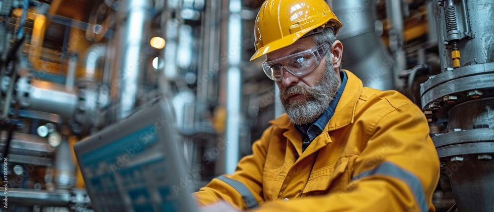 Working in the oil and gas business, a serious and attractive engineer is seen utilizing a laptop... Working in the oil and gas business, a serious and attractive engineer is seen utilizing a laptop...