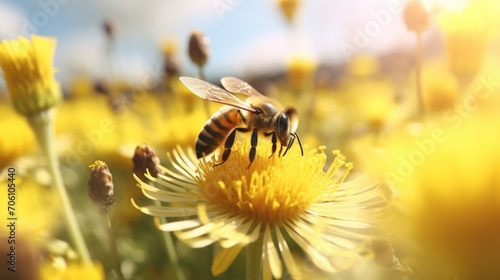 Extreme closeup of a bee pollinating a flower in a field of wind turbines.