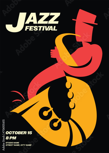 Music festival poster template design with saxophone vintage retro style