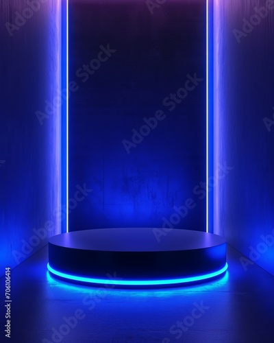 3d blue cylinder pedestal podium in blue abstract room with illuminate horizontal neon lamp photo