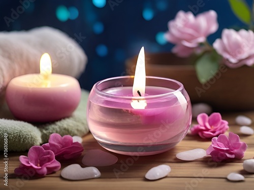 spa still life with candles spa, beauty, pink, decoration, rose, flowers, light blurred background, Ai generative 