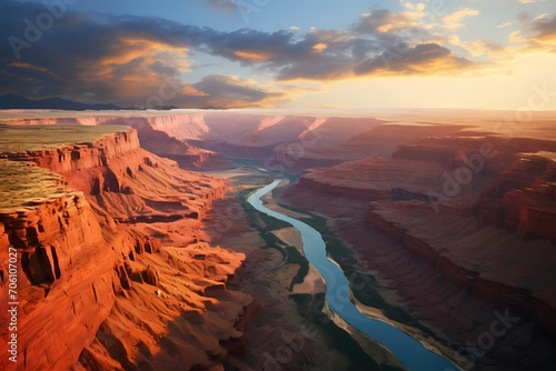 Overhead view of a canyon landscape, showcasing a gradient sky from warm reds to cool blues during the magic hour.