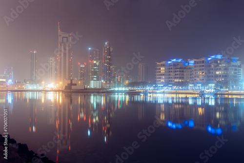 Manama, Bahrain on a foggy night