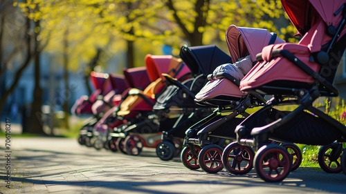 Colorful baby strollers lined up in park, copy space photo
