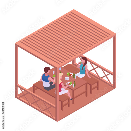 Isometric people sitting in garden gazebo. Man and woman having dinner outside, backyard garden furniture 3d vector illustration. Relaxing characters spending time on backyard