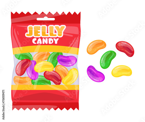 Jelly bean package. Fruity gummies, chewy jelly candy sweets with fruit flavor flat vector illustration. Gummy chewy jelly candies bag