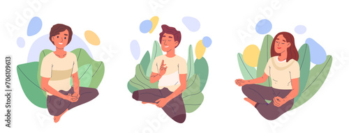 Yoga meditation. People relaxing in lotus pose, breath training and practicing yoga flat vector illustration set. Tranquil peaceful people