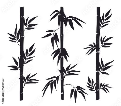 Bamboo stems silhouettes. Jungle bamboo forest stems with leaves  black ink decorative bamboo flat vector illustration set. Bamboo trees silhouettes