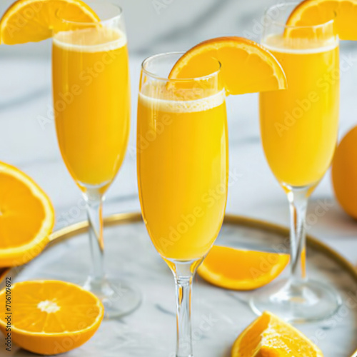 Mimosa cocktail in elegantin glasses with orange slices on table