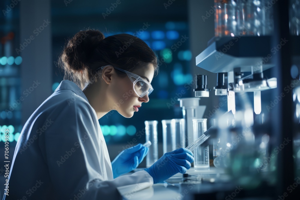 A dedicated virologist in her natural habitat, surrounded by microscopes and test tubes, deep in thought as she studies a new virus strain A dedicated virologist in her natural habitat, surrounded by microscopes and test tubes, deep in thought as she studies a new virus strain