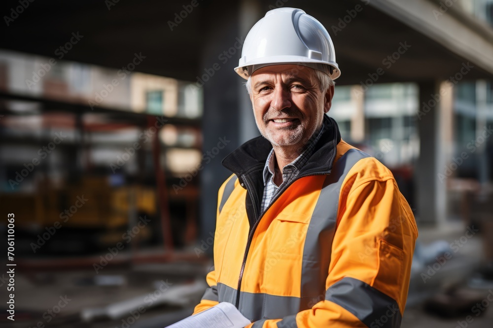 Experienced Building Inspector in a Hard Hat and High Visibility Jacket, Holding Blueprints and Inspecting a Construction Site with a Serious Expression Experienced Building Inspector in a Hard Hat and High Visibility Jacket, Holding Blueprints and Inspecting a Construction Site with a Serious Expression