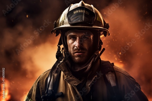 A brave firefighter in full gear, standing tall against the backdrop of a burning building, embodying courage and resilience in the face of danger © aicandy