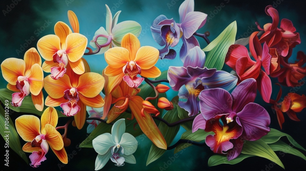 Vibrant orchids in varying hues, their exotic beauty against a seamless emerald green surface.