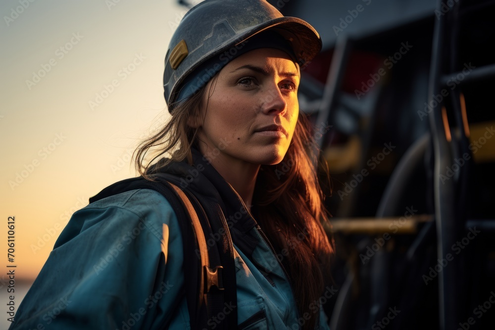 A Gritty Portrait of a Determined Female Dockworker, Illuminated by the Fading Sunset, Amidst the Industrial Landscape of the Harbor
