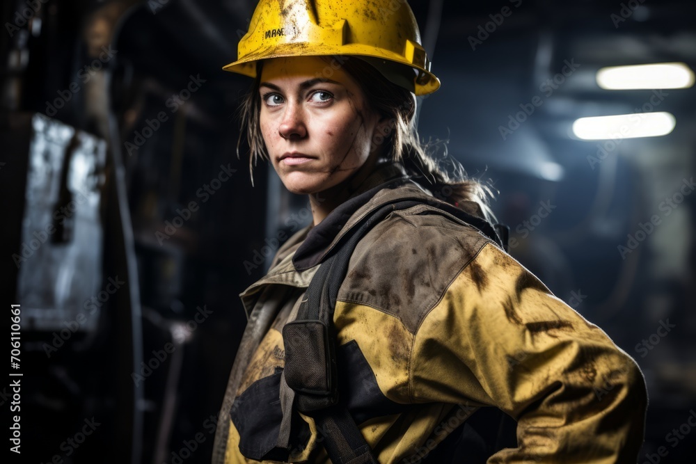 Portrait of a Determined Female Driller, Breaking Stereotypes in the Mining and Oil Industry, Amidst the Rugged Terrain and Machinery