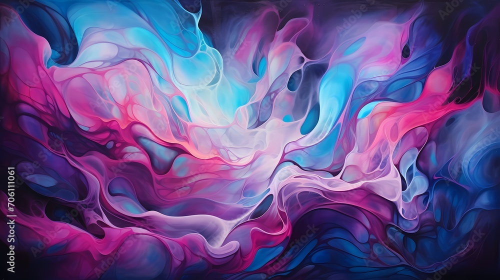 Pulsating waves of neon pink and electric blue on a dark canvas, evoking a sense of cosmic vibration.