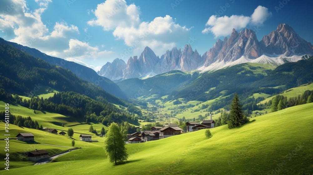 A mesmerizing view of Santa Maddalena in the Italian Dolomites, with the charming village nestled among towering peaks, as if it were a hidden gem waiting to be discovered.