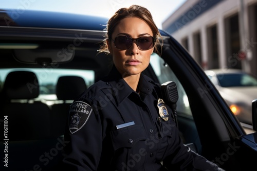 Portrait of a Fearless Female Security Patrol Driver, Dressed in Uniform, Sitting in Her Patrol Car, Ready to Protect and Serve with a Determined Look on Her Face