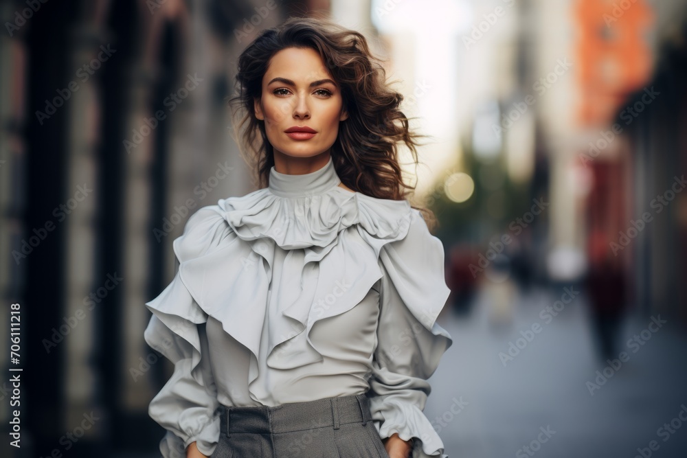 Fototapeta premium Elegant woman in a high-neck ruffle blouse and tapered trousers, confidently striding through a bustling city street, her eyes reflecting the vibrant energy of the urban landscape